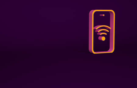 Orange Smartphone with free wifi wireless connection icon isolated on purple background. Wireless technology, wifi connection, wireless network. Minimalism concept. 3d illustration 3D renderの写真素材