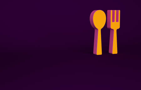 Orange Fork and spoon icon isolated on purple background. Cooking utensil. Cutlery sign. Minimalism concept. 3d illustration 3D renderの写真素材