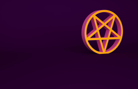 Orange Pentagram in a circle icon isolated on purple background. Magic occult star symbol. Minimalism concept. 3d illustration 3D renderの写真素材