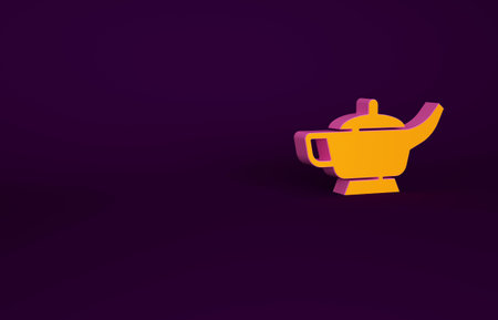 Orange Magic lamp or Aladdin lamp icon isolated on purple background. Spiritual lamp for wish. Minimalism concept. 3d illustration 3D renderの写真素材