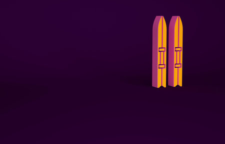 Orange Ski and sticks icon isolated on purple background. Extreme sport. Skiing equipment. Winter...