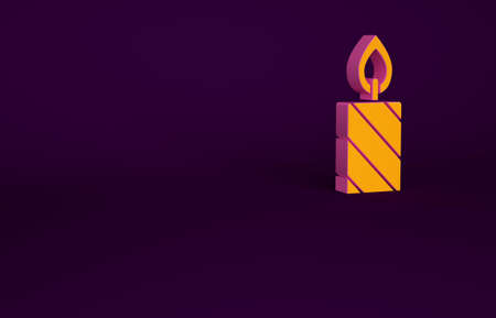 Orange Burning candle in candlestick icon isolated on purple background. Cylindrical candle stick with burning flame. Minimalism concept. 3d illustration 3D renderの写真素材