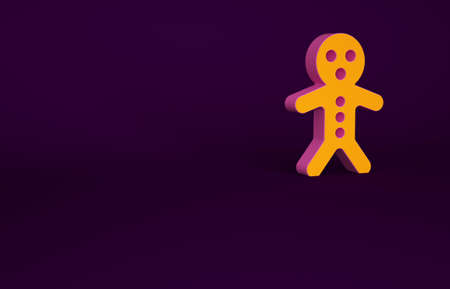 Orange Holiday gingerbread man cookie icon isolated on purple background. Cookie in shape of man with icing. Minimalism concept. 3d illustration 3D renderの写真素材