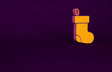 Orange Christmas stocking icon isolated on purple background. Merry Christmas and Happy New Year. Minimalism concept. 3d illustration 3D renderの写真素材