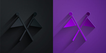 Paper cut Golf flag icon isolated on black on purple background. Golf equipment or accessory. Paper art style. Vectorのイラスト素材