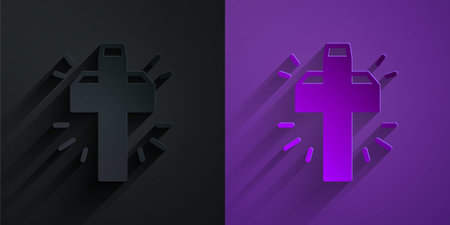 Paper cut Christian cross icon isolated on black on purple background. Church cross. Paper art style. Vectorのイラスト素材