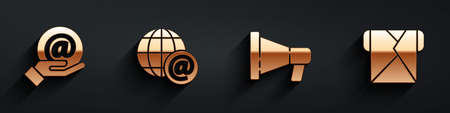 Set Mail and e-mail in hand, Earth globe with mail, Megaphone and Envelope icon with long shadow. Vectorのイラスト素材