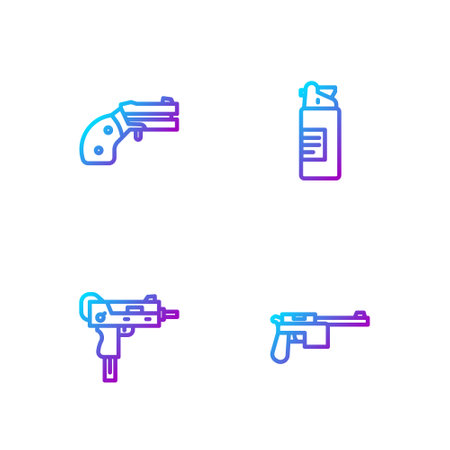 Set line Mauser gun, UZI submachine, Small revolver and Weapons oil bottle. Gradient color icons. Vectorのイラスト素材