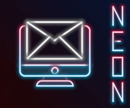 Glowing neon line Monitor and envelope, new message, mail icon isolated on black background. Usage for e-mail newsletters, headers, blog posts. Colorful outline concept. Vector Illustrationのイラスト素材