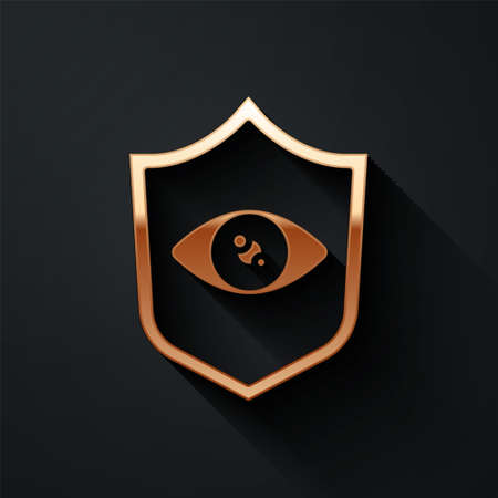Gold Shield eye scan icon isolated on black background. Scanning eye. Security check symbol. Cyber eye sign. Long shadow style. Vectorのイラスト素材