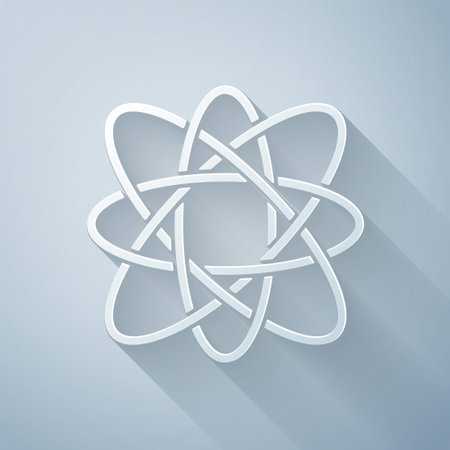 Paper cut Atom icon isolated on grey background. Symbol of science, education, nuclear physics, scientific research. Paper art style. Vectorのイラスト素材