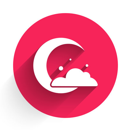 White Moon and stars icon isolated with long shadow. Cloudy night sign. Sleep dreams symbol. Night or bed time sign. Red circle button. Vectorのイラスト素材