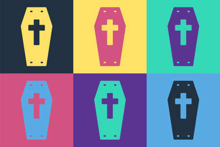 Pop art Coffin with christian cross icon isolated on color background. Happy Halloween party. Vectorのイラスト素材