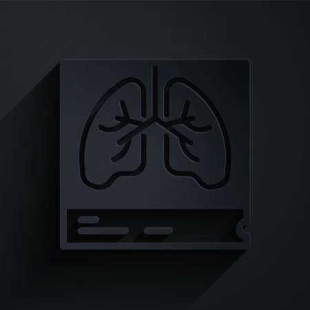 Paper cut Lungs x-ray diagnostics icon isolated on black background. Snapshot of the lungs. Paper art style. Vectorのイラスト素材