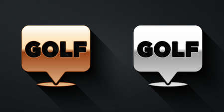 Gold and silver Golf label icon isolated on black background. Long shadow style. Vectorのイラスト素材