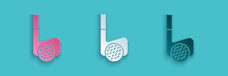 Paper cut Golf club with ball icon isolated on blue background. Paper art style. Vectorのイラスト素材