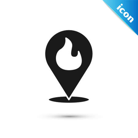 Grey Map pointer with fire flame icon isolated on white background. Fire nearby. Vectorのイラスト素材