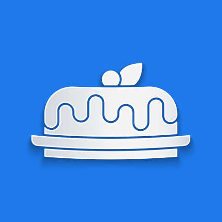 Paper cut Cake icon isolated on blue background. Happy Birthday. Paper art style. Vectorのイラスト素材