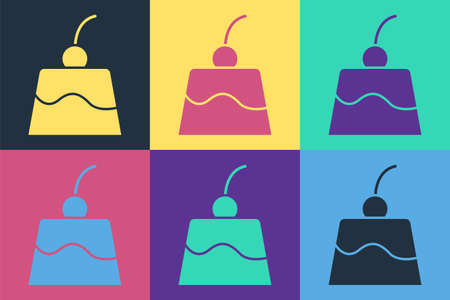 Pop art Pudding custard with caramel glaze icon isolated on color background. Vectorのイラスト素材