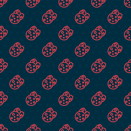 Red line Cookie or biscuit with chocolate icon isolated seamless pattern on black background. Vector