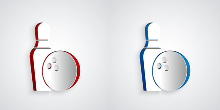 Paper cut Bowling pin and ball icon isolated on grey background. Sport equipment. Paper art style. Vectorのイラスト素材