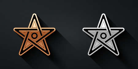 Gold and silver Pentagram icon isolated on black background. Magic occult star symbol. Long shadow style. Vectorのイラスト素材