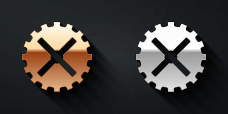 Gold and silver Bicycle sprocket crank icon isolated on black background. Long shadow style. Vectorのイラスト素材
