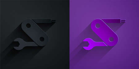 Paper cut Multifunction knife icon isolated on black on purple background. Multi-tool, multipurpose penknife. Multifunctional tool. Paper art style. Vectorのイラスト素材