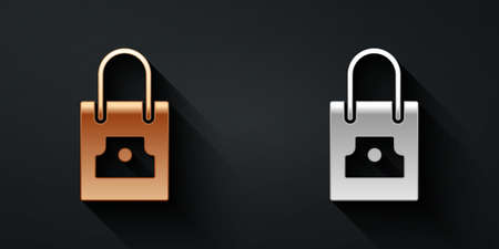 Gold and silver Paper shopping bag with spray can nozzle cap icon isolated on black background. Long shadow style. Vectorのイラスト素材