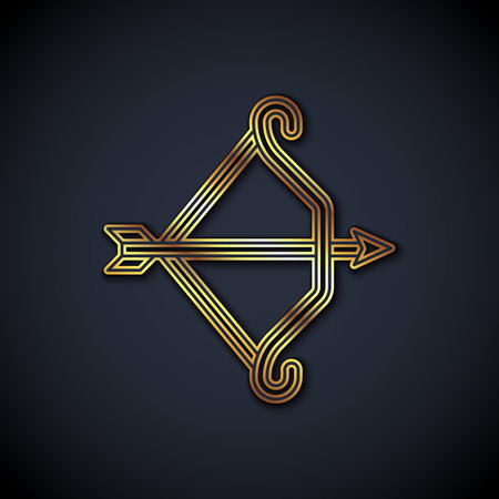 Gold line Medieval bow with arrow icon isolated on black background. Medieval weapon. Vector