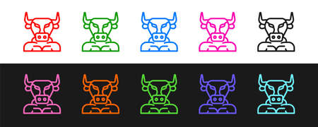 Set line Minotaur icon isolated on black and white background. Mythical greek powerful creature the half human bull legendary minotaur from cretan labyrinth. Vectorのイラスト素材