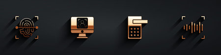 Set Fingerprint, Face recognition, Digital door lock and Voice icon with long shadow. Vector