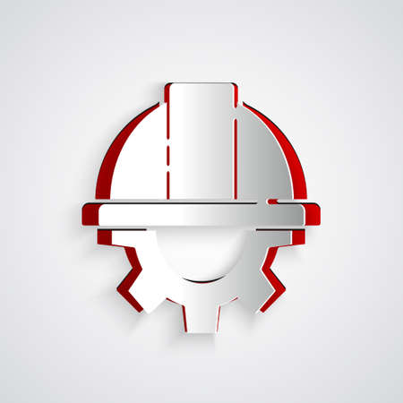Paper cut Worker safety helmet and gear icon isolated on grey background. Paper art style. Vector Illustrationのイラスト素材
