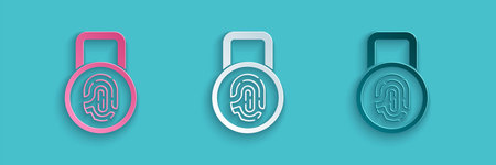Paper cut Fingerprint with lock icon isolated on blue background. ID app icon. Identification sign....