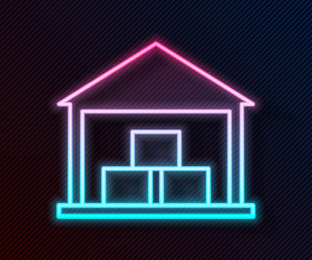 Glowing neon line Warehouse icon isolated on black background. Vector Illustrationのイラスト素材