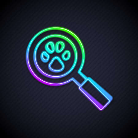 Glowing neon line Paw search icon isolated on black background. Magnifying glass with animal footprints. Vectorのイラスト素材