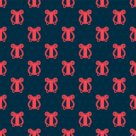 Red line Ancient Greek lyre icon isolated seamless pattern on black background. Classical music instrument, orhestra string acoustic element. Vectorのイラスト素材