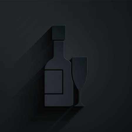 Paper cut Champagne bottle and glass of champagne icon isolated on black background. Merry Christmas and Happy New Year. Paper art style. Vectorのイラスト素材