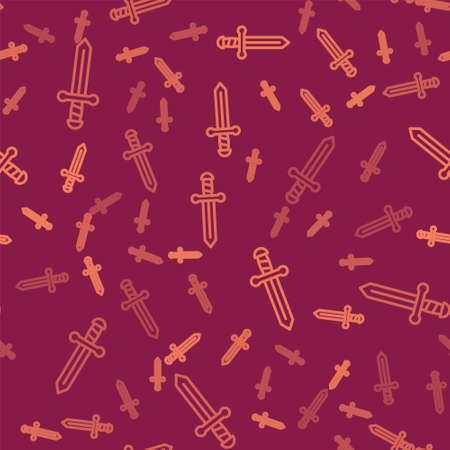Brown line Medieval sword icon isolated seamless pattern on red background. Medieval weapon. Vectorのイラスト素材