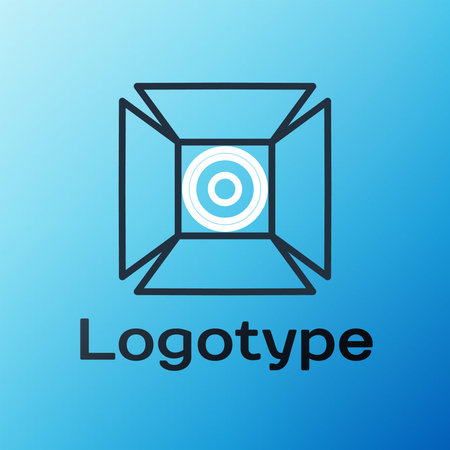 Line Movie spotlight icon isolated on blue background. Light Effect. Scene, Studio, Show. Colorful...