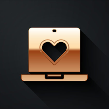 Gold Dating app online laptop concept icon isolated on black background. Female male profile flat design. Couple match for relationship. Long shadow style. Vectorのイラスト素材