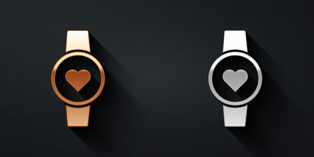Gold and silver Smart watch showing heart beat rate icon isolated on black background. Fitness App...