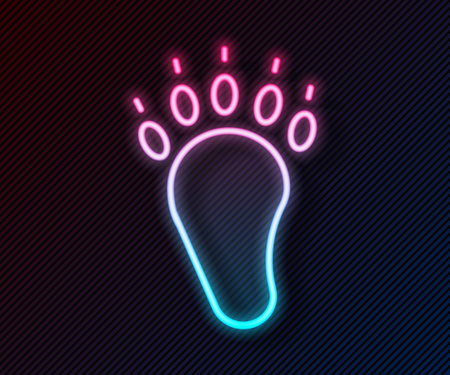 Glowing neon line Bear paw footprint icon isolated on black background. Vectorのイラスト素材