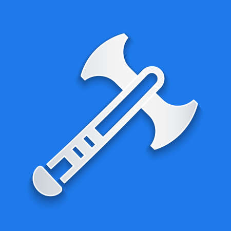 Paper cut War axe icon isolated on blue background. Battle axe, executioner axe. Medieval weapon. Paper art style. Vectorのイラスト素材