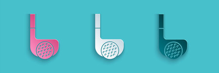 Paper cut Golf club with ball icon isolated on blue background. Paper art style. Vector