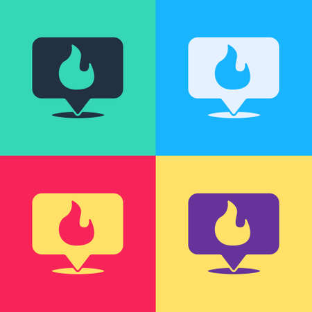 Color Map pointer with fire flame icon isolated on white background. Fire nearby. Abstract banner with liquid shapes. Vectorのイラスト素材