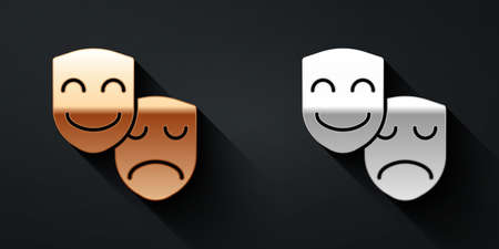 Gold and silver Comedy and tragedy theatrical masks icon isolated on black background. Long shadow style. Vectorのイラスト素材