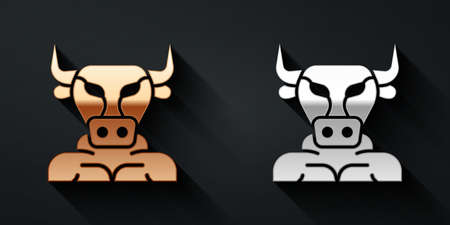 Gold and silver Minotaur icon isolated on black background. Mythical greek powerful creature the half human bull legendary minotaur from cretan labyrinth. Long shadow style. Vectorのイラスト素材