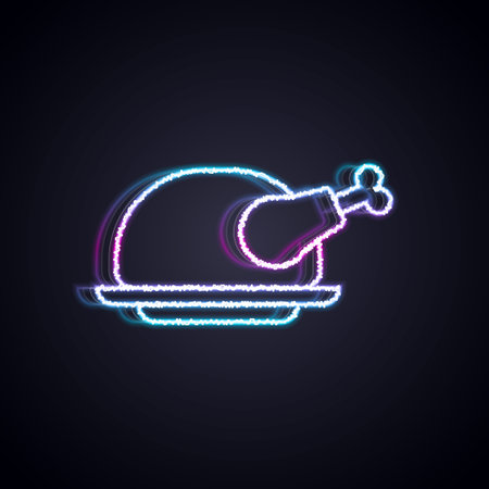 Glowing neon line Roasted turkey or chicken icon isolated on black background. Vectorのイラスト素材