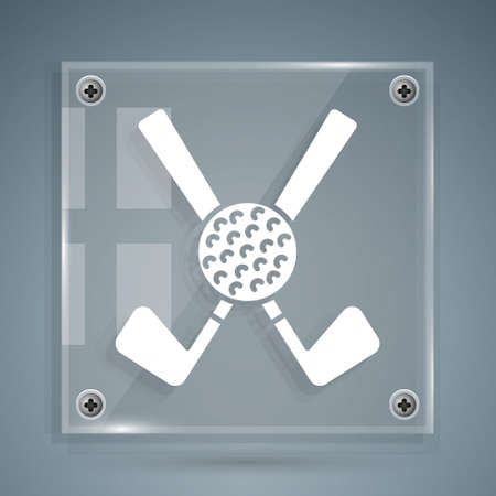 White Crossed golf club with ball icon isolated on grey background. Square glass panels. Vectorのイラスト素材